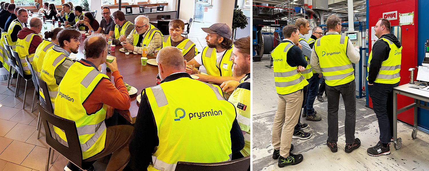 Bilde: Fagdag hos Prysmian. Folk spiser lunsj og får omvisning i fabrikken.